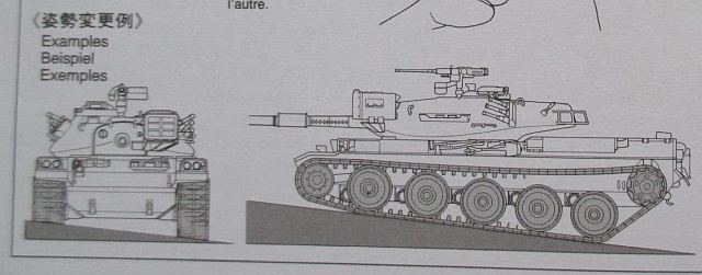 タミヤ 1/35 74式戦車 サスペンションアームの取り付け角度の説明図